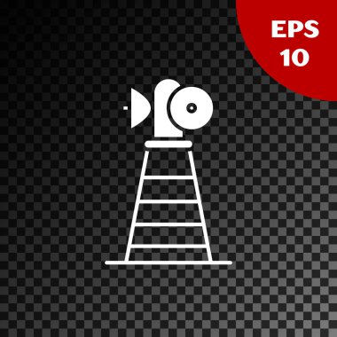 Beyaz Anten simgesi, şeffaf koyu arkaplanda izole edildi. Radyo anteni kablosuz. Teknoloji ve ağ sinyali radyo anteni. Vektör İllüstrasyonu