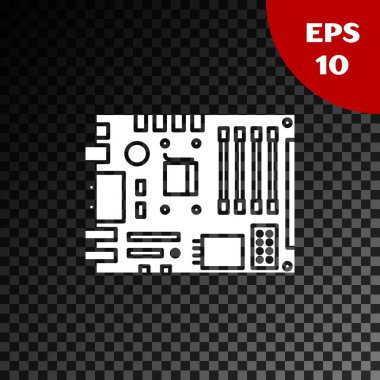 Beyaz Elektronik bilgisayar bileşenleri anakart dijital çip entegre bilim ikonu şeffaf karanlık arka planda izole. Devre kartı. Vektör İllüstrasyonu