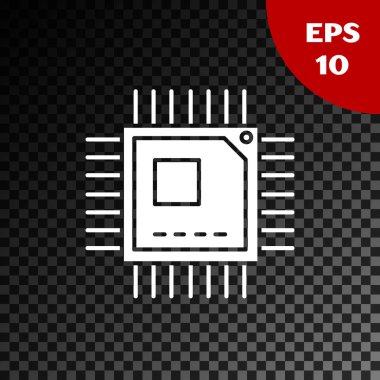 İşlemci simgesine sahip beyaz bilgisayar işlemcisi şeffaf karanlık arkaplanda izole edildi. Devre kartı işaretli çip ya da işlemci. Mikro işlemci. Vektör İllüstrasyonu
