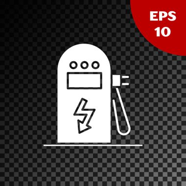 Beyaz Elektrikli araba şarj istasyonu simgesi şeffaf koyu arkaplanda izole edildi. Eko elektrik yakıt pompası tabelası. Vektör İllüstrasyonu