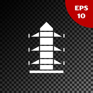 Beyaz Elektrik Kulesi, şeffaf karanlık arka planda izole edilmiş bir güç hattı simgesini desteklemek için kullanılır. Yüksek voltajlı elektrik direği hattı. Vektör İllüstrasyonu