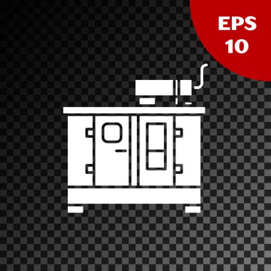 Beyaz Diesel güç jeneratörü simgesi şeffaf koyu arkaplanda izole edildi. Sanayi ve ev taşınmaz güç jeneratörü. Vektör İllüstrasyonu