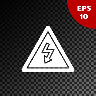 Beyaz Yüksek voltajlı işaret simgesi, şeffaf koyu arkaplanda izole edilmiş. Tehlike sembolü. Üçgendeki ok. Uyarı simgesi. Vektör İllüstrasyonu