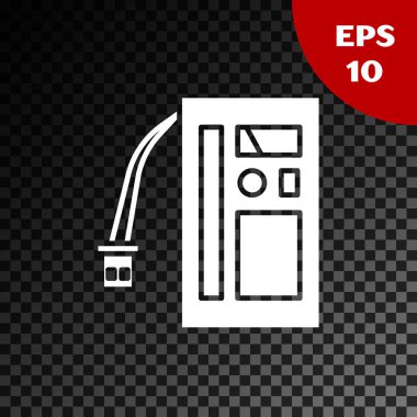 Beyaz Batarya simgesi şeffaf koyu arkaplanda izole edildi. Akümülatör bataryası enerji ve elektrik akümülatörü bataryası. Vektör İllüstrasyonu