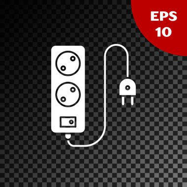 Beyaz Elektrik uzatma kablosu simgesi, şeffaf koyu arkaplanda izole edildi. Priz prizi. Vektör İllüstrasyonu