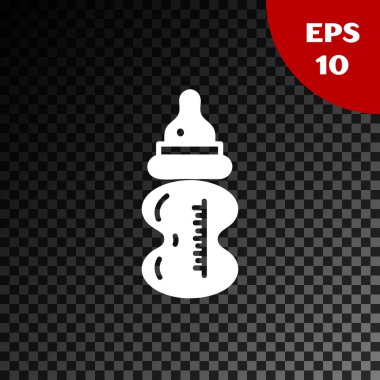 Beyaz bebek ikonu, şeffaf koyu arkaplanda izole edilmiş. Beslenme şişesi simgesi. Süt şişesi tabelası. Vektör İllüstrasyonu