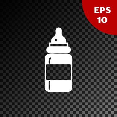 Beyaz bebek ikonu, şeffaf koyu arkaplanda izole edilmiş. Beslenme şişesi simgesi. Süt şişesi tabelası. Vektör İllüstrasyonu