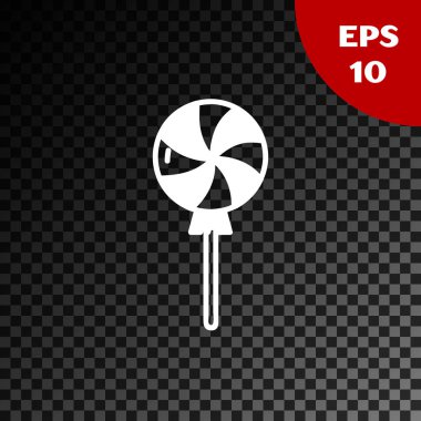 Beyaz lolipop simgesi, şeffaf koyu arkaplanda izole edilmiş. Şeker işareti. Yemek, lezzetli bir sembol. Vektör İllüstrasyonu