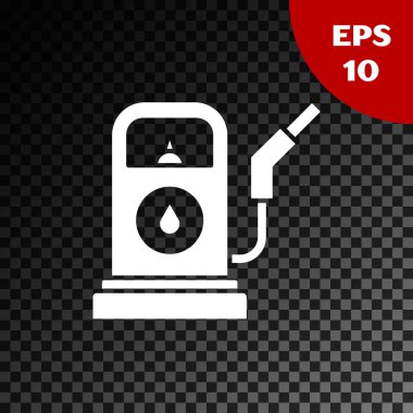 Beyaz Benzin İstasyonu simgesi ya da benzin istasyonu simgesi şeffaf koyu arkaplanda izole edildi. Araba yakıtı sembolü. Benzin pompası. Vektör İllüstrasyonu