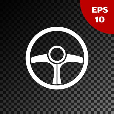 Beyaz direksiyon simgesi, şeffaf koyu arkaplanda izole edilmiş. Araba tekeri ikonu. Vektör İllüstrasyonu