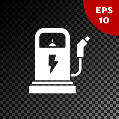 Beyaz Elektrikli araba şarj istasyonu simgesi şeffaf koyu arkaplanda izole edildi. Eko elektrik yakıt pompası tabelası. Vektör İllüstrasyonu