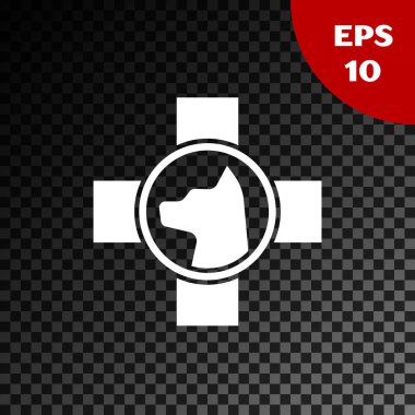 Beyaz Veteriner Kliniği sembol simgesi şeffaf koyu arka planda izole. Köpek veteriner bakımı ile çapraz. Pet Ilk yardım işareti. Vektör Illustration