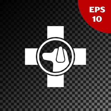 Beyaz Veteriner Kliniği sembol simgesi şeffaf koyu arka planda izole. Köpek veteriner bakımı ile çapraz. Pet Ilk yardım işareti. Vektör Illustration