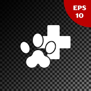 Beyaz Veterinerlik Kliniği sembolü, şeffaf karanlık arka planda izole edilmiş. Çapraz hastane işareti. Stilize pati izi köpek ya da kedi. Evcil hayvan ilk yardım işareti. Vektör İllüstrasyonu