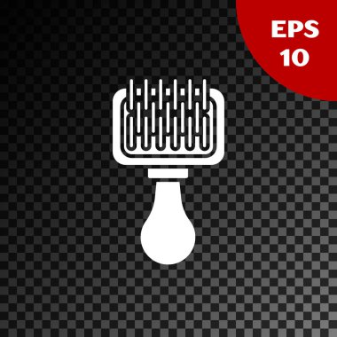 Köpek ve kedi ikonu için beyaz saç fırçası şeffaf koyu arkaplanda izole edilmiş. Hayvan kürkü için fırça. Hayvan aksesuarı. Vektör İllüstrasyonu