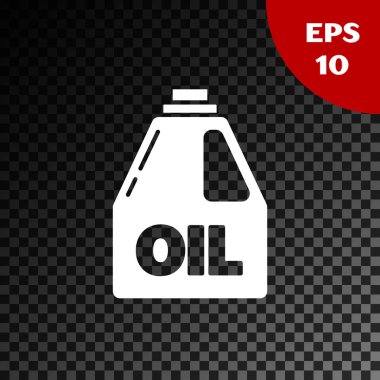 Motor makine yağı ikonu için beyaz plastik teneke kutu şeffaf koyu arkaplanda izole edilmiş. Benzin bidonu. Yağ değiştirme ve onarım servisi. Vektör İllüstrasyonu