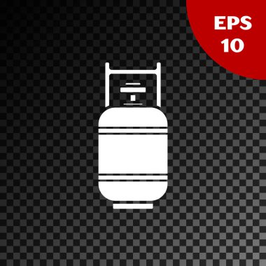 Beyaz propan gaz tankı ikonu, şeffaf karanlık arka planda izole edildi. Yanabilir benzin deposu ikonu. Vektör İllüstrasyonu