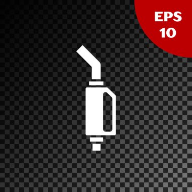 Beyaz benzin pompası başlık simgesi şeffaf koyu arkaplanda izole edildi. Yakıt pompası istasyonu. Yakıt ikmal tabelası. Benzin istasyonu ikonu. Vektör İllüstrasyonu