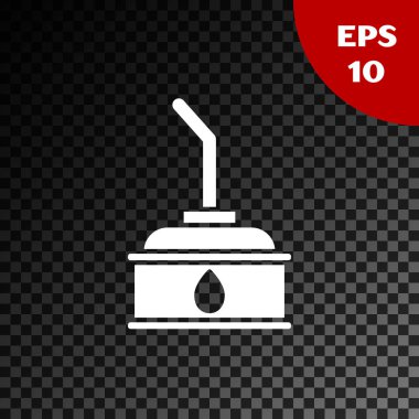 Motor makine yağı simgesi için beyaz teneke kutu şeffaf koyu arkaplanda izole edildi. Benzin bidonu. Yağ değiştirme ve onarım servisi. Vektör İllüstrasyonu