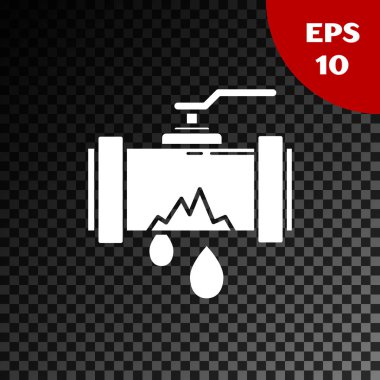 Sızdıran su ikonuna sahip, şeffaf karanlık arka planda izole edilmiş, beyaz, kırık metal bir boru. Vektör İllüstrasyonu