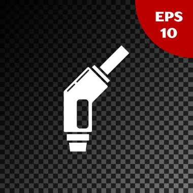 Beyaz benzin pompası başlık simgesi şeffaf koyu arkaplanda izole edildi. Yakıt pompası istasyonu. Yakıt ikmal tabelası. Benzin istasyonu ikonu. Vektör İllüstrasyonu