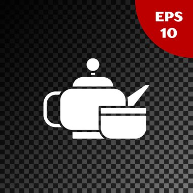 Beyaz Geleneksel Japon çay seremonisi simgesi şeffaf koyu arkaplanda izole edildi. Fincanlı çaydanlık. Vektör İllüstrasyonu