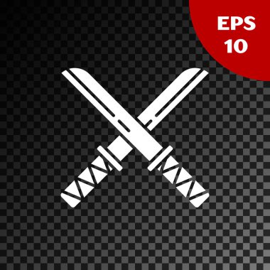 Beyaz Geleneksel Japon katana simgesi şeffaf koyu arkaplanda izole edildi. Japon kılıcı. Vektör İllüstrasyonu