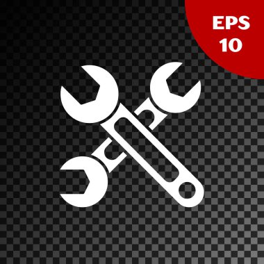 Beyaz İngiliz anahtarı simgesi, şeffaf koyu arkaplanda izole edildi. Anahtar simgesi. Vektör İllüstrasyonu