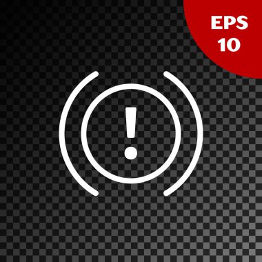 Beyaz fren sistemi uyarı simgesi şeffaf koyu arkaplanda izole edildi. Arabada ünlem işareti var. Gösterge tabelaları. Vektör İllüstrasyonu