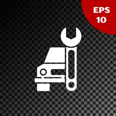 Beyaz Araba Servis simgesi, şeffaf koyu arkaplanda izole edildi. Otomobil tamircisi. Tamirci oto tamircisi. Bakım tabelası. Vektör İllüstrasyonu