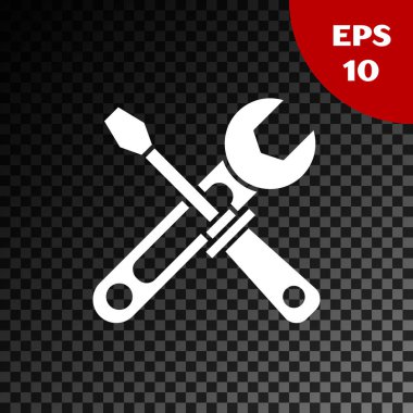 Beyaz tornavida ve ingiliz anahtarı simgesi şeffaf koyu arkaplanda izole edildi. Servis aracı sembolü. Vektör İllüstrasyonu