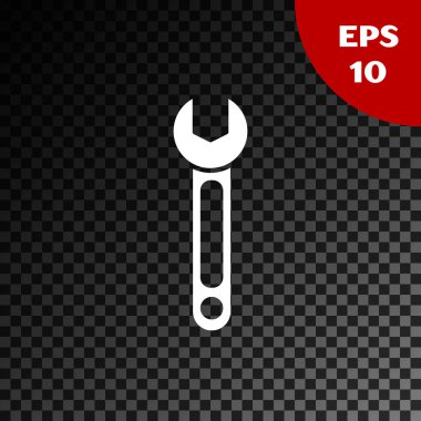 Beyaz İngiliz anahtarı simgesi, şeffaf koyu arkaplanda izole edildi. Anahtar simgesi. Vektör İllüstrasyonu