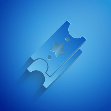 Kağıt kesikli piyango bileti ikonu mavi arka planda izole edilmiş. Bingo, loto, nakit para ödülleri. Finansal başarı, refah, zafer, kazanma şansı. Kağıt sanatı tarzı. Vektör İllüstrasyonu