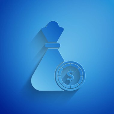 Kağıt kesiği Para çantası ve kumarhane fişleri ikonu mavi arka planda izole edilmiş. Dolar ya da Usd sembolü. Nakit bankacılık tabelası. Kağıt sanatı tarzı. Vektör İllüstrasyonu