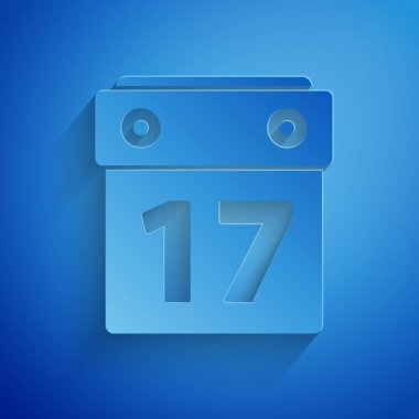 Kağıt kesiği Aziz Patrick Günü 'nde mavi arka planda izole edilmiş bir takvim simgesi. Tarih 17 Mart. Kağıt sanatı tarzı. Vektör İllüstrasyonu