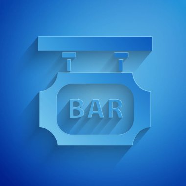 Kağıt kesiği sokak tabelası ve mavi arkaplan üzerinde yazı çubuğu simgesi var. Reklamlar için uygun bar, kafe, bar, restoran. Kağıt sanatı tarzı. Vektör İllüstrasyonu