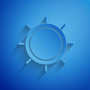 Kağıt mavi arka plan üzerinde izole Güneş simgesi kesti. Kağıt sanat tarzı. Vektör İllüstrasyonu