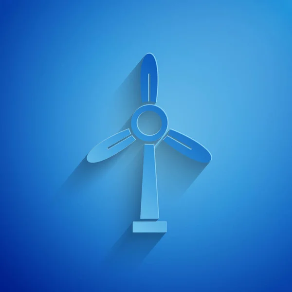 Pappersklipp Vindturbin ikon isolerad på blå bakgrund. Vindgeneratorskylt. Väderkvarn för elproduktion. Papperskonst. Vektor Illustration — Stock vektor