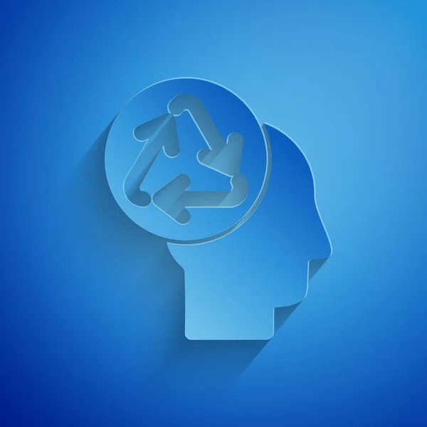 Papier découpé tête humaine avec icône de recyclage isolé sur fond bleu. Réflexion sur le recyclage. Écologie amicale. Style art du papier. Illustration vectorielle — Image vectorielle