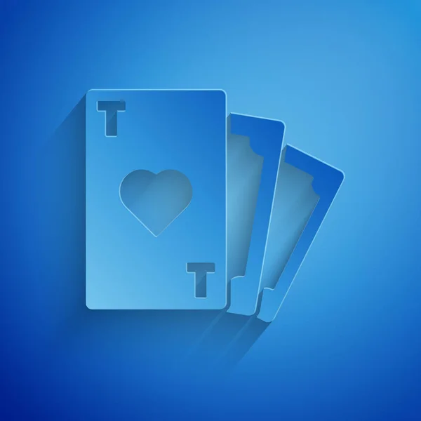 Paper cut Playing card with heart symbol icon isolated on blue background. Casino gambling. Paper art style. Vector Illustration — Stock Vector
