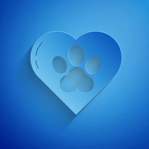 Taglio di carta Cuore con animali icona impronta isolata su sfondo blu. Zampa di animale domestico nel cuore. Con amore agli animali. Stile cartaceo. Illustrazione vettoriale — Vettoriale Stock