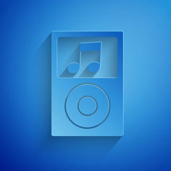 Papiergeschnittenes Musikplayer-Symbol isoliert auf blauem Hintergrund. Tragbares Musikgerät. Papierkunst. Vektorillustration — Stockvektor