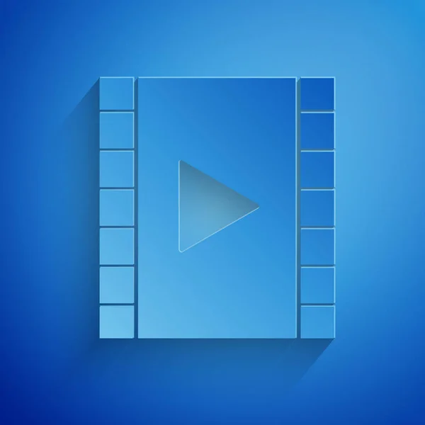 Pappersklipp Spela Video ikonen isolerad på blå bakgrund. Filmremsa med lekskylt. Papperskonst. Vektor Illustration — Stock vektor