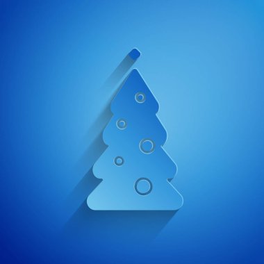 Kağıt, Noel ağacını süsleme ikonu mavi arka planda izole edilmiş. Mutlu Noeller ve mutlu yıllar. Kağıt sanatı tarzı. Vektör İllüstrasyonu