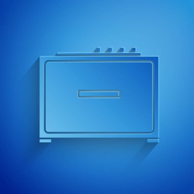 Kağıt kesiği Gitar amplifikatörü simgesi mavi arkaplanda izole edildi. Müzik aleti. Kağıt sanatı tarzı. Vektör İllüstrasyonu