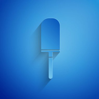 Kağıt kesilmiş Bahçe mala maça veya kürek simgesi mavi arka plan üzerinde izole. Bahçıvanlık aleti. Bahçecilik, tarım, tarım için bir araç. Kağıt sanat tarzı. Vektör İllüstrasyonu