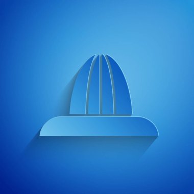 Kağıt kesiği Citrus meyve sıkacağı ikonu mavi arka planda izole edilmiş. Kağıt sanatı tarzı. Vektör İllüstrasyonu