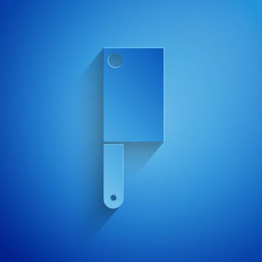 Kağıt kesiği Et Helikopteri simgesi mavi arkaplanda izole edildi. Et için mutfak bıçağı. Kasap bıçağı. Kağıt sanatı tarzı. Vektör İllüstrasyonu