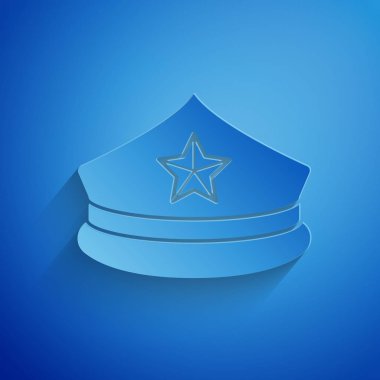 Kağıt, mavi arka planda izole edilmiş papağan ikonlu polis şapkası. Polis şapkası işareti. Kağıt sanatı tarzı. Vektör İllüstrasyonu