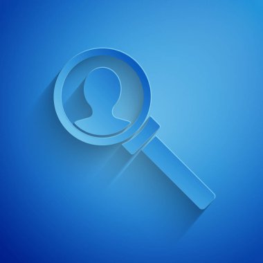 Mavi arkaplanda izole edilmiş arama simgesi için kağıt kesiği büyüteç. İşe alım ya da seçim konsepti. Çalışanları ve işi ara. Kağıt sanatı tarzı. Vektör İllüstrasyonu